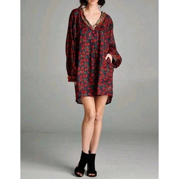 NEW! Dolly's D-Lite Custom Long Sleeve V Neck Micro Mini Dress L Floral Fringe - Picture 1 of 12